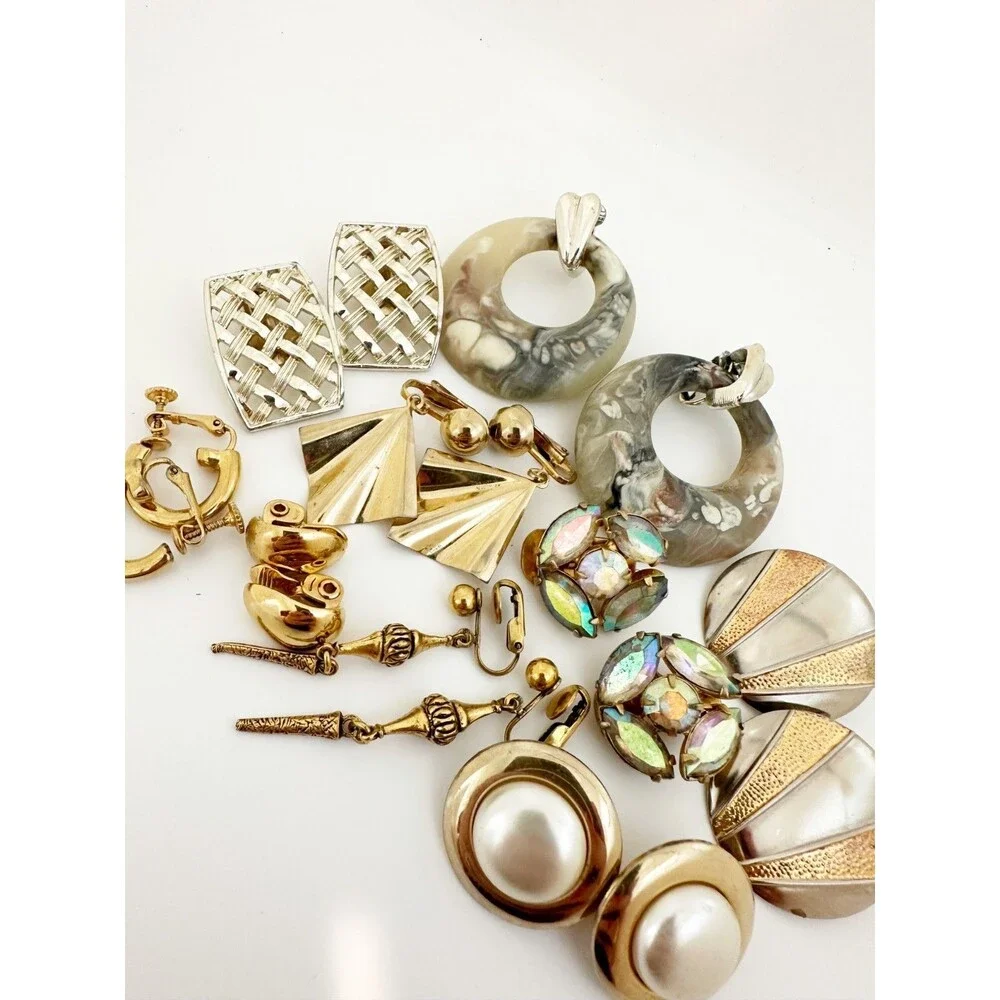 Vintage Gold Tone Clip On Earring Lot 9 pair AB Rhinestone Sarah Cov Monet